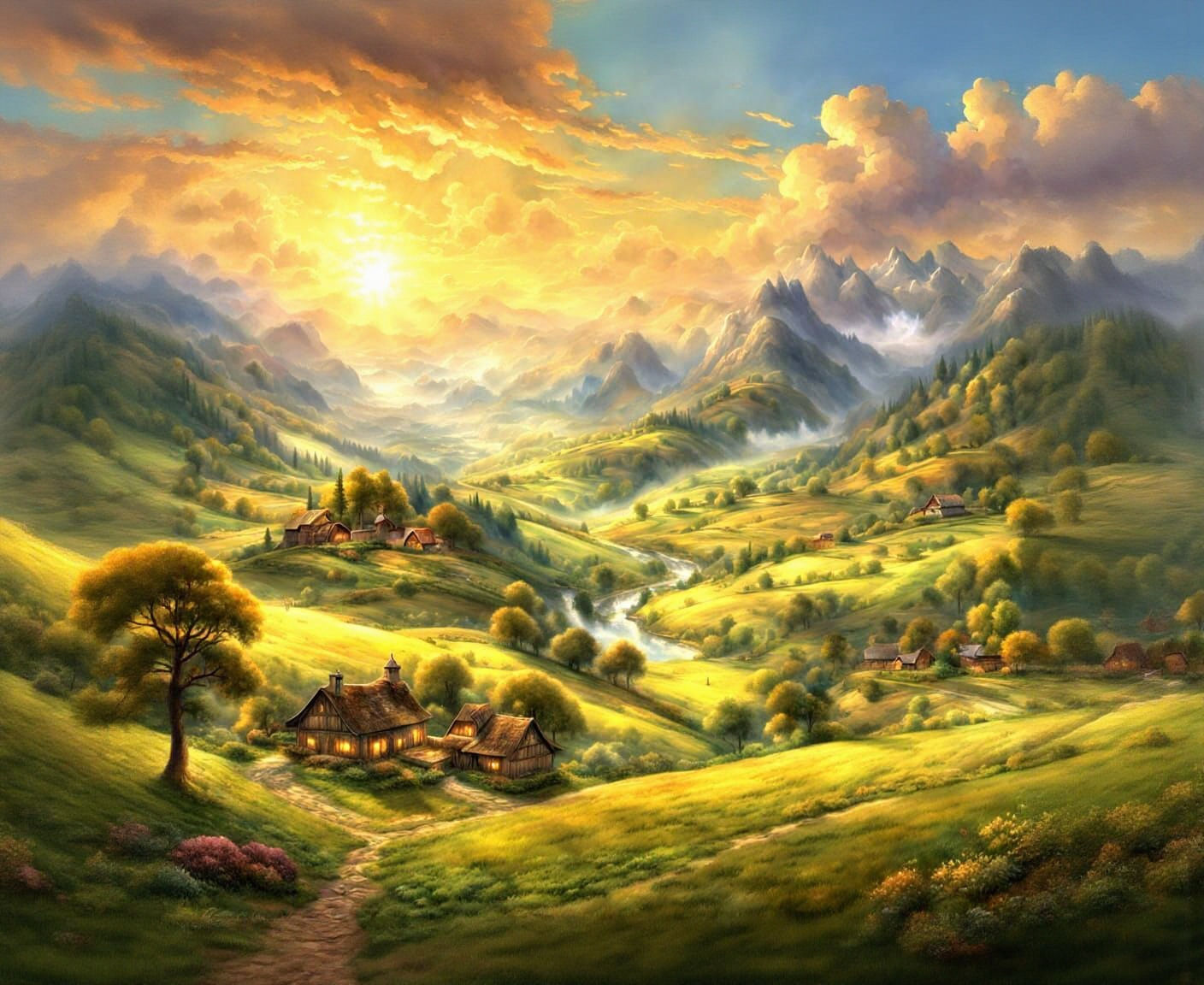 Lush Countryside Farm in Vivid Watercolor Style