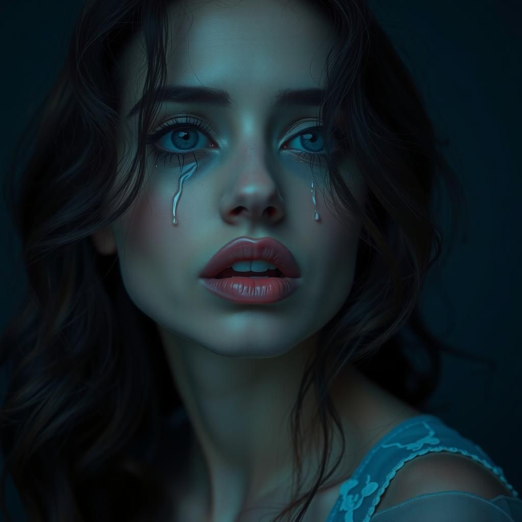 beautiful, pale woman, big lips, crying.