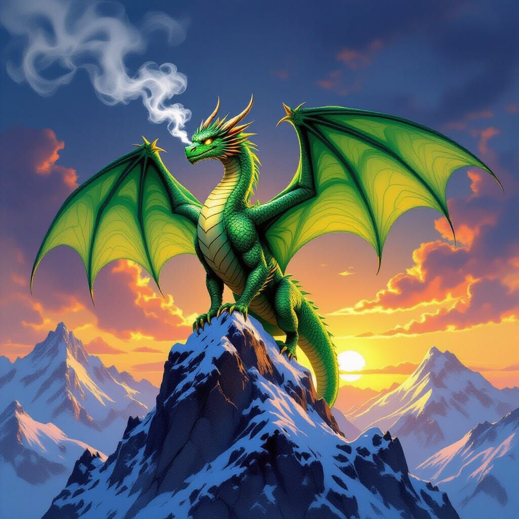 Emerald Dragon on Snowy Peak at Sunset Fantasy Art