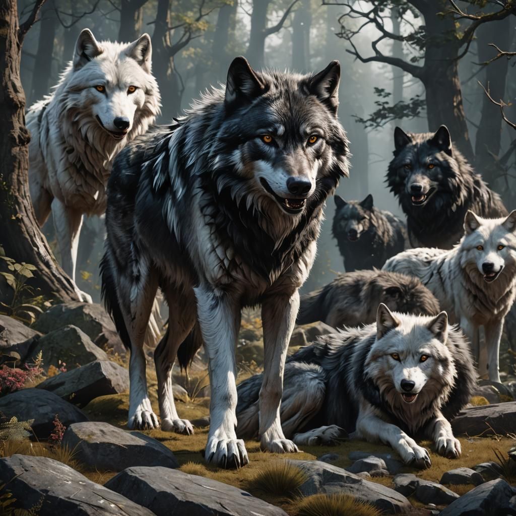 Black and White Wolves in Detailed Matte Painting