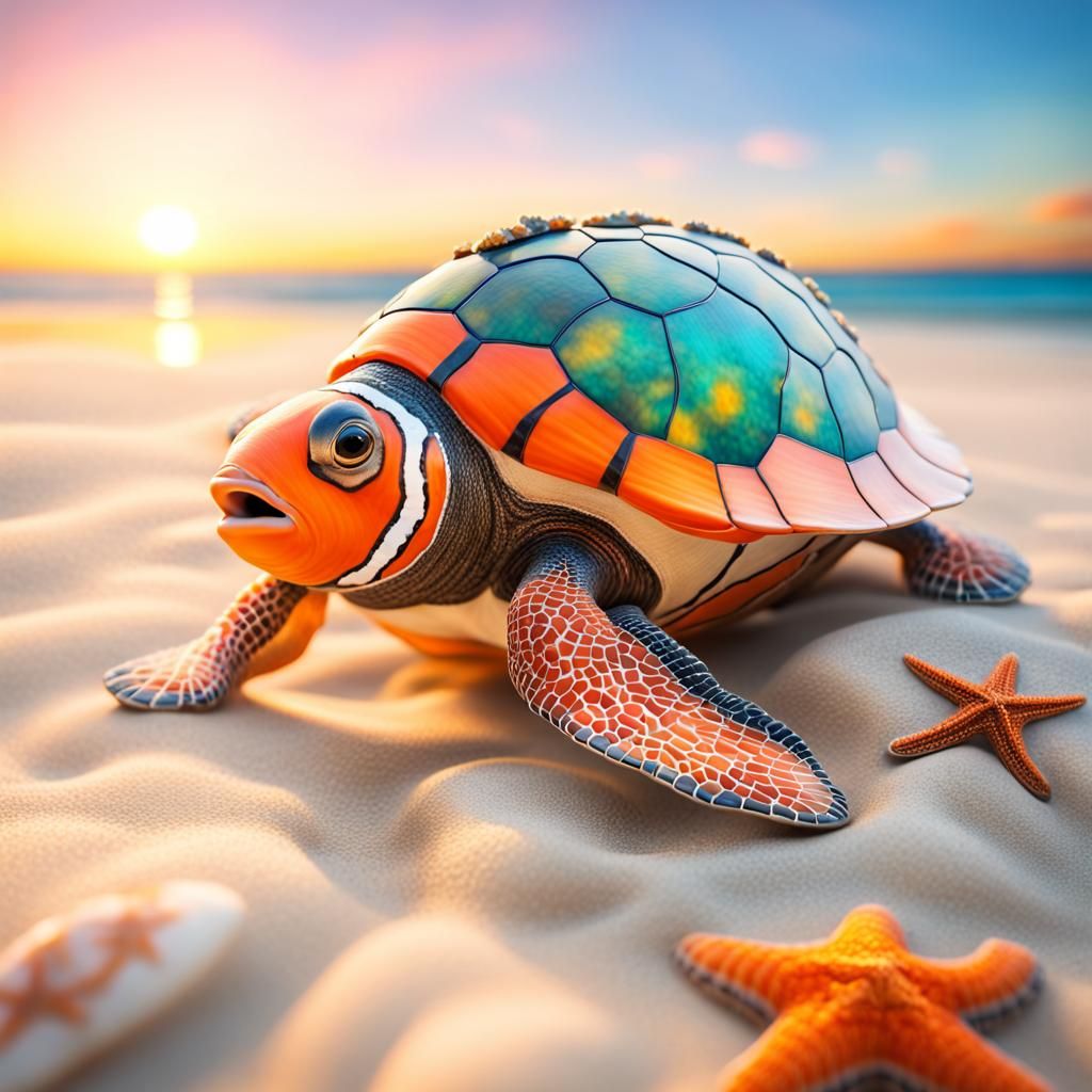 Mosaic Shelled Turtle on Golden Hour Beach