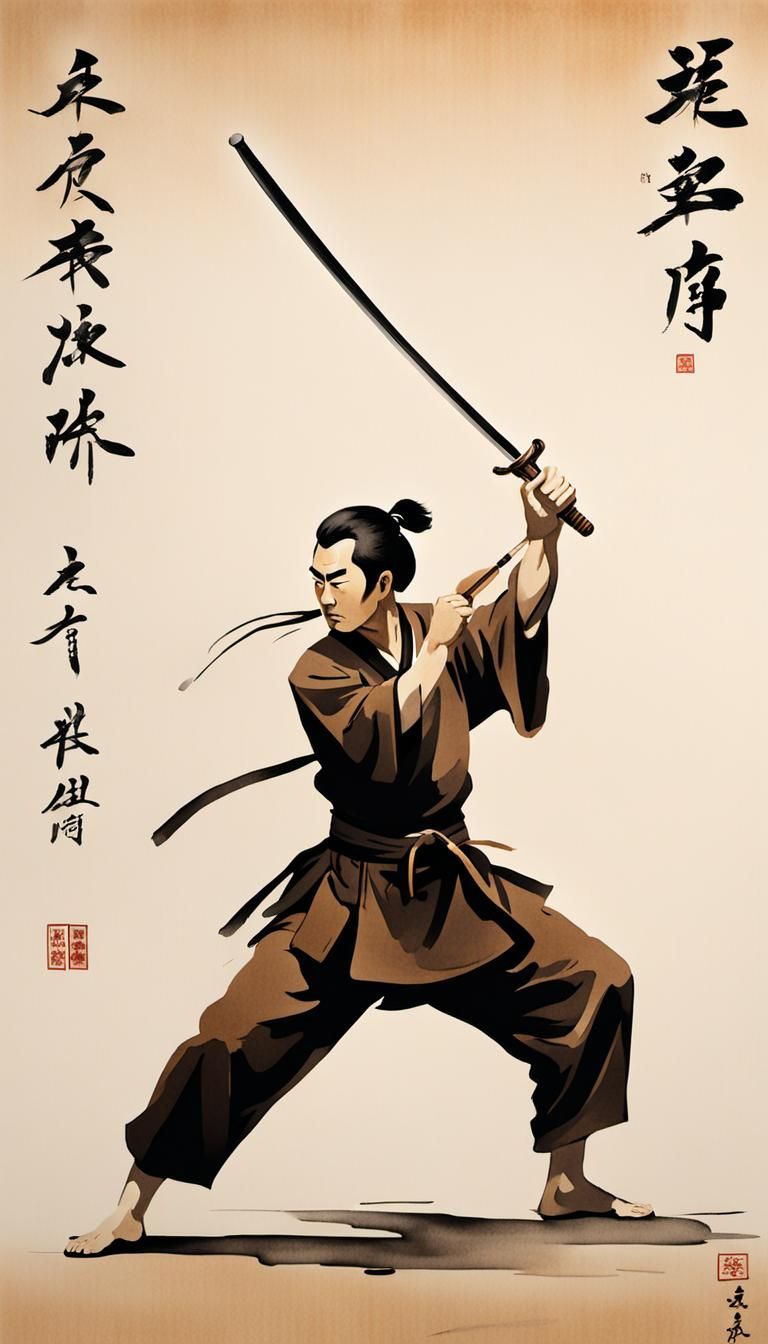 Minimalist Ink Painting: Man Practicing Sword Art