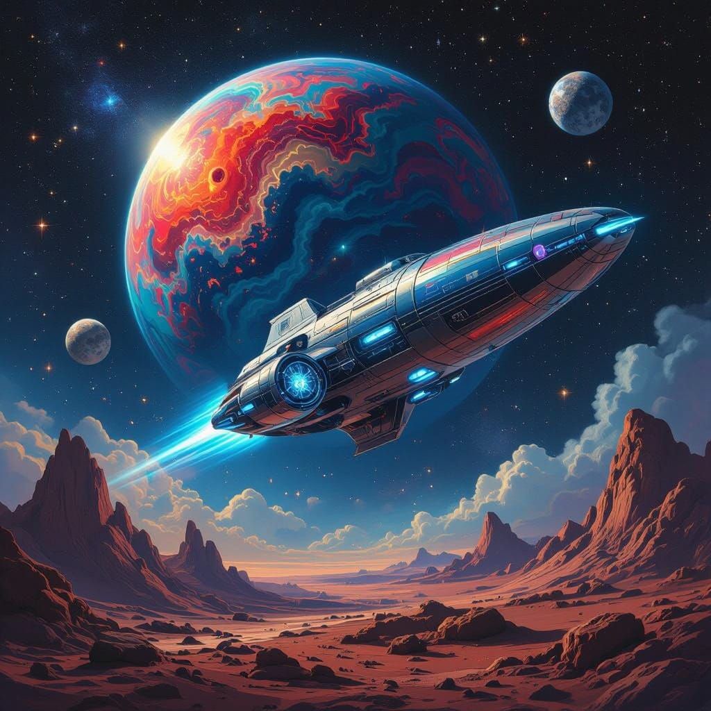 Majestic Spacecraft Approaches Celestial Body in Dreamlike C...