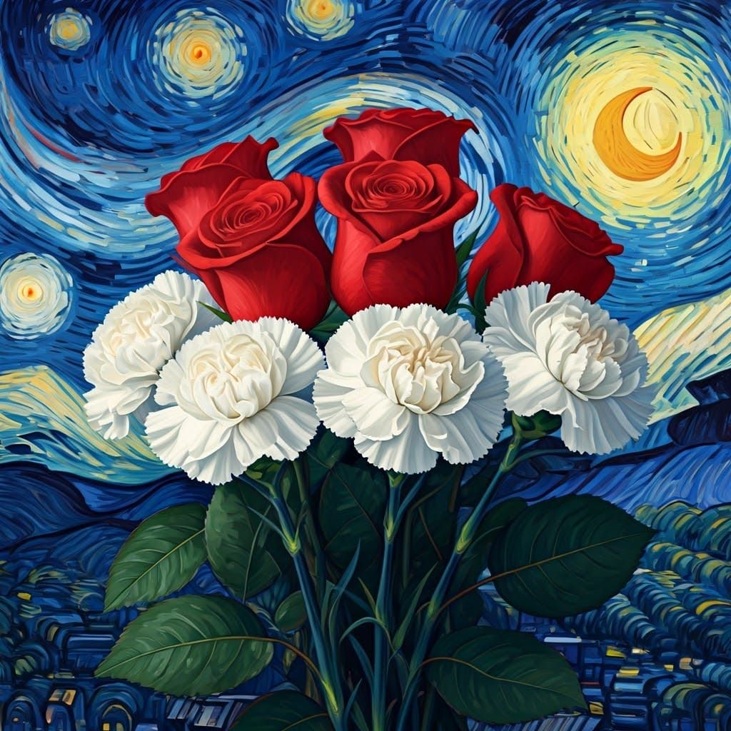 Floral Bouquet in Starry Night, Post-Impressionist Style