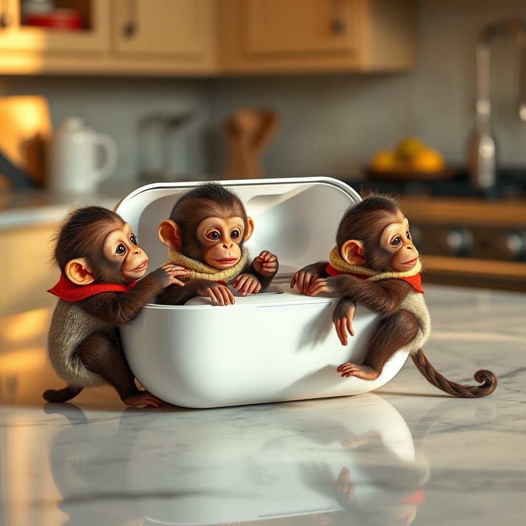 Baby Monkeys in AirPods Case, Storybook Illustration