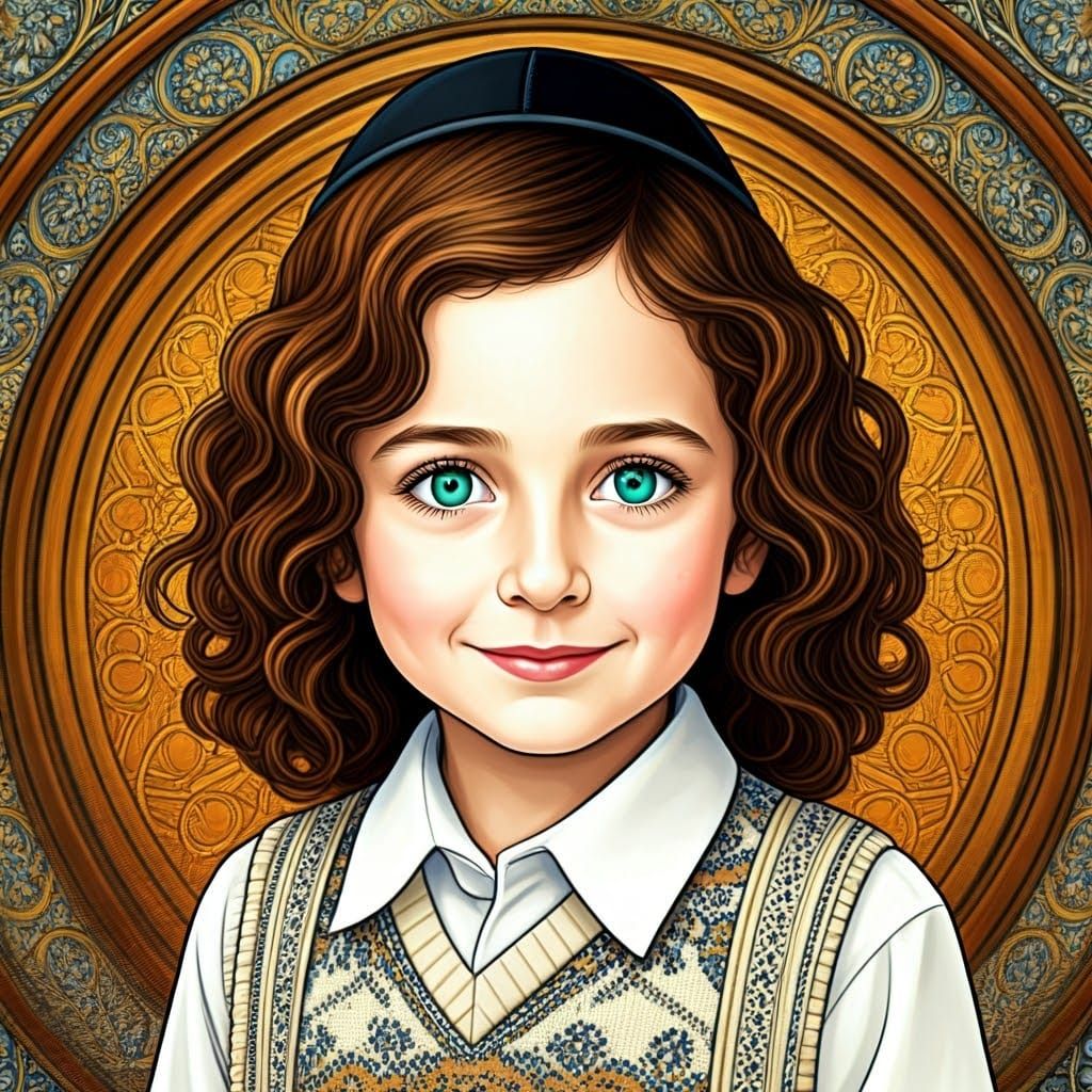 Ethereal Stained Glass Portrait of a Hasidic Youth in Vibran...