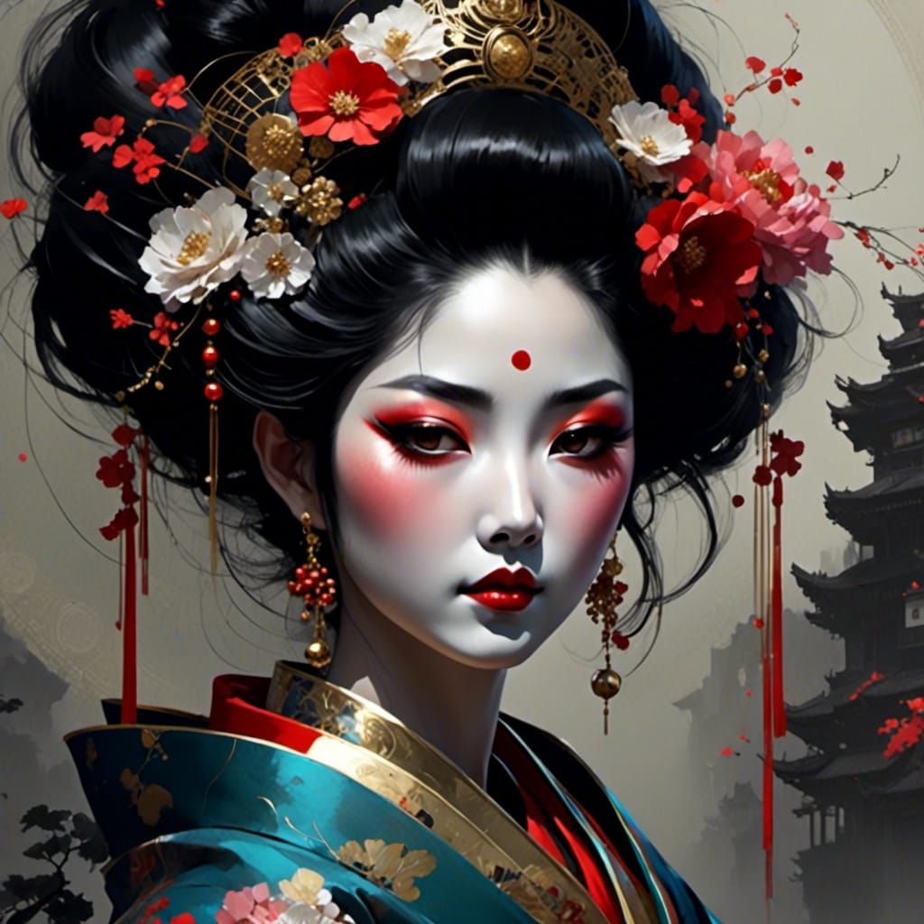 Surreal Rococo Geisha Close-Up, Hyperdetailed Digital Art