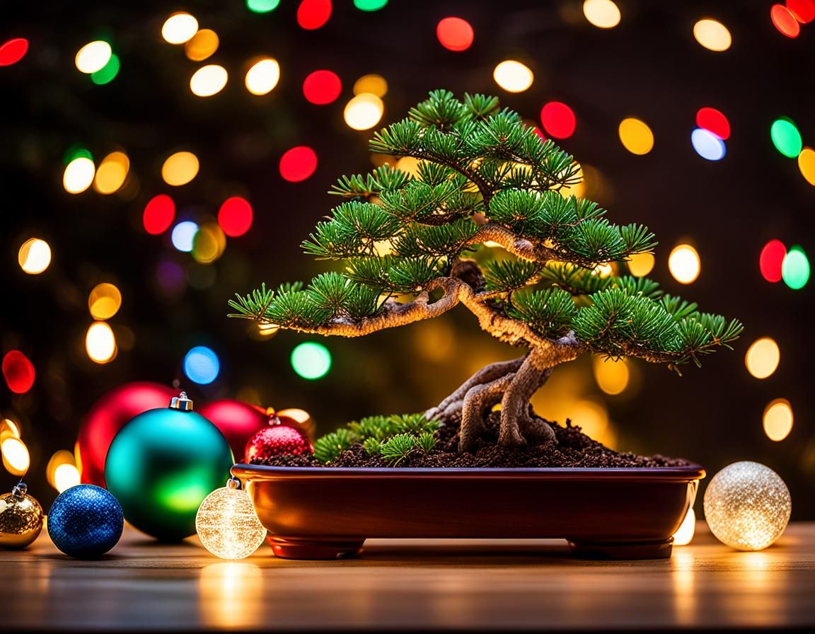 Christmas Bonsai Tree with Decorations and Lights