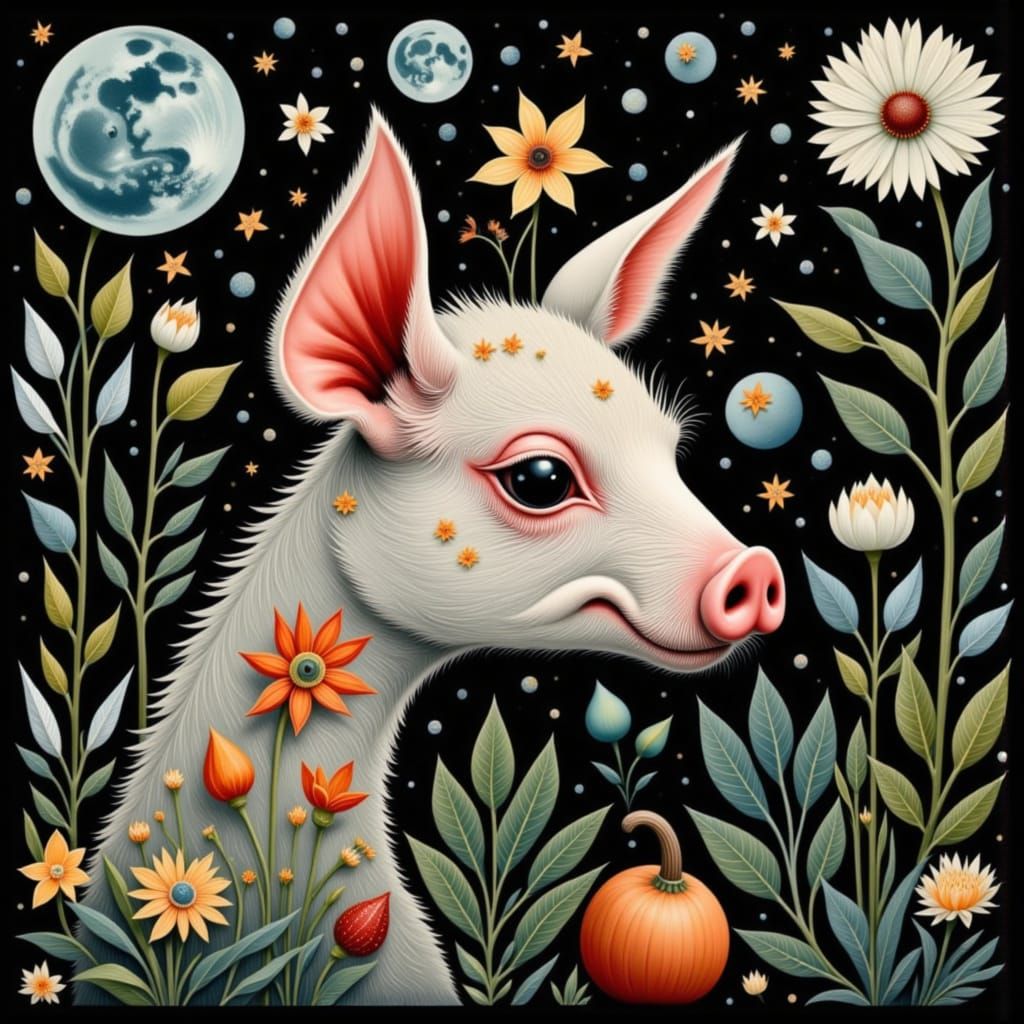Whimsical Folk Art Llama Pig Hybrid in Dark Obscurity Style