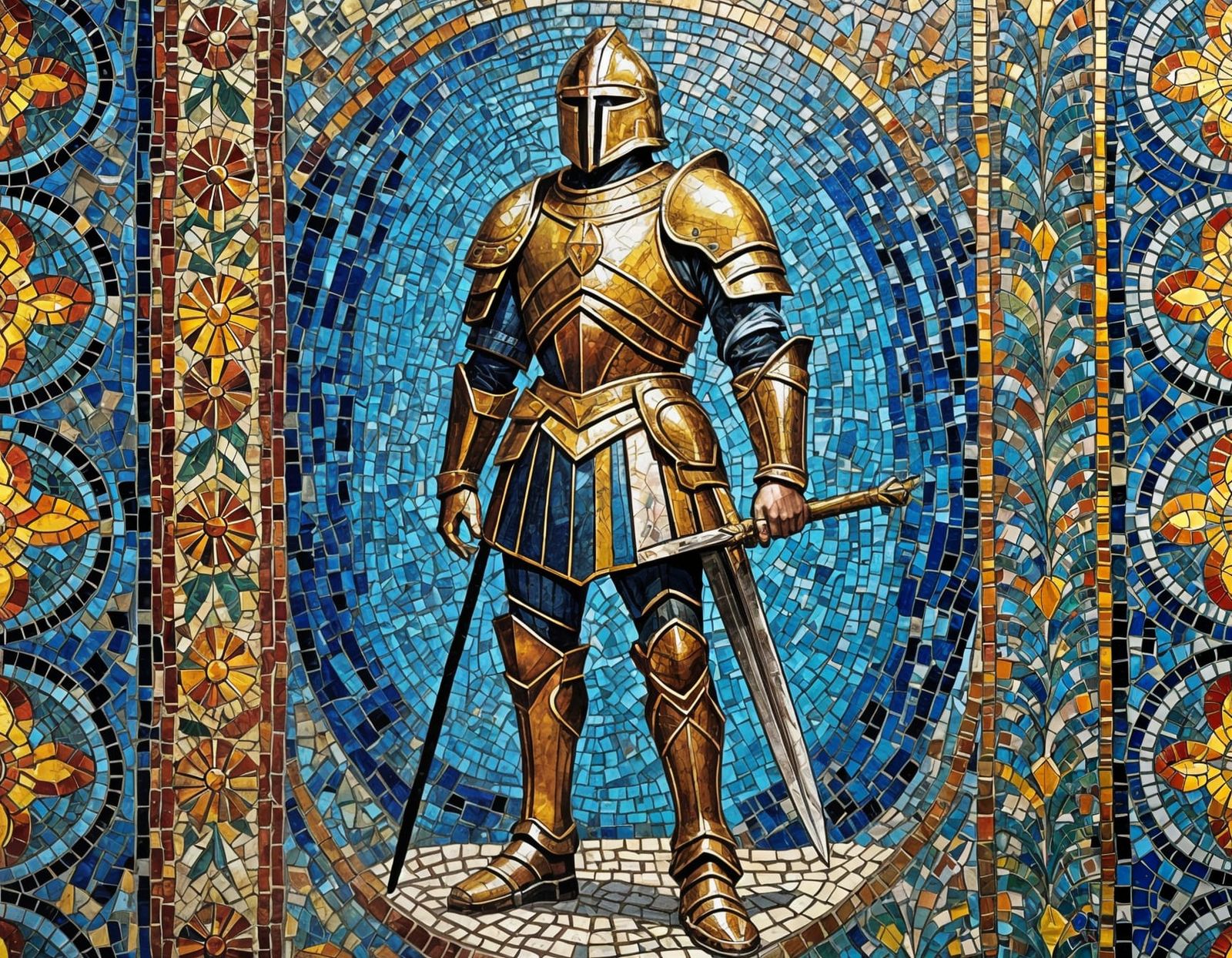 Vibrant Mosaic Knight Embodies Ancient Valor