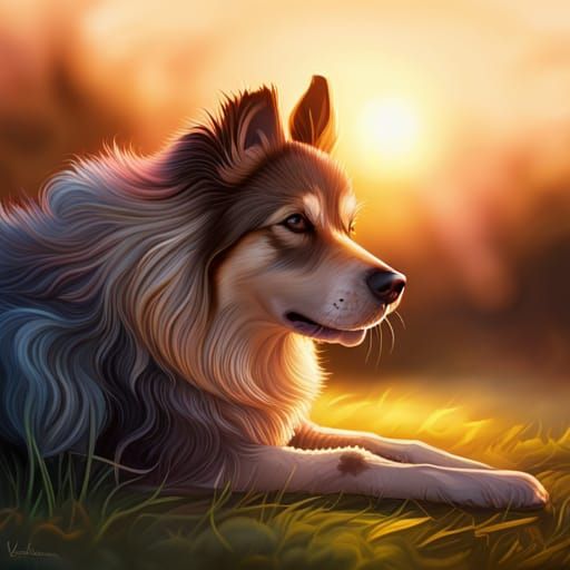 Dog Resting at Sunset in Hyperrealistic Splash Art