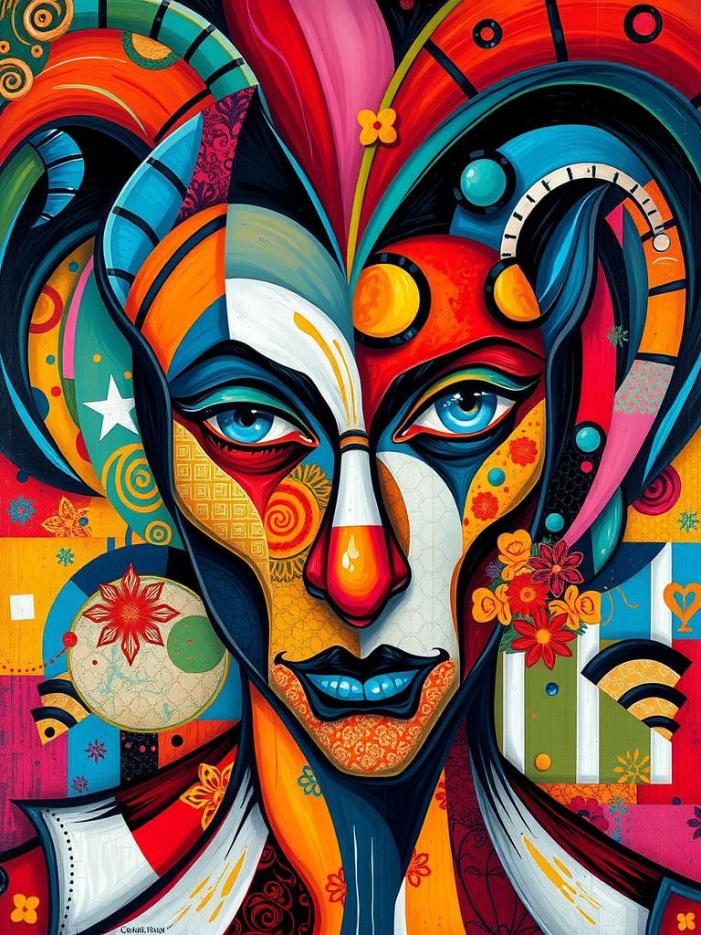 Abstract Harlequin Face in Post-Impressionist Impasto Style