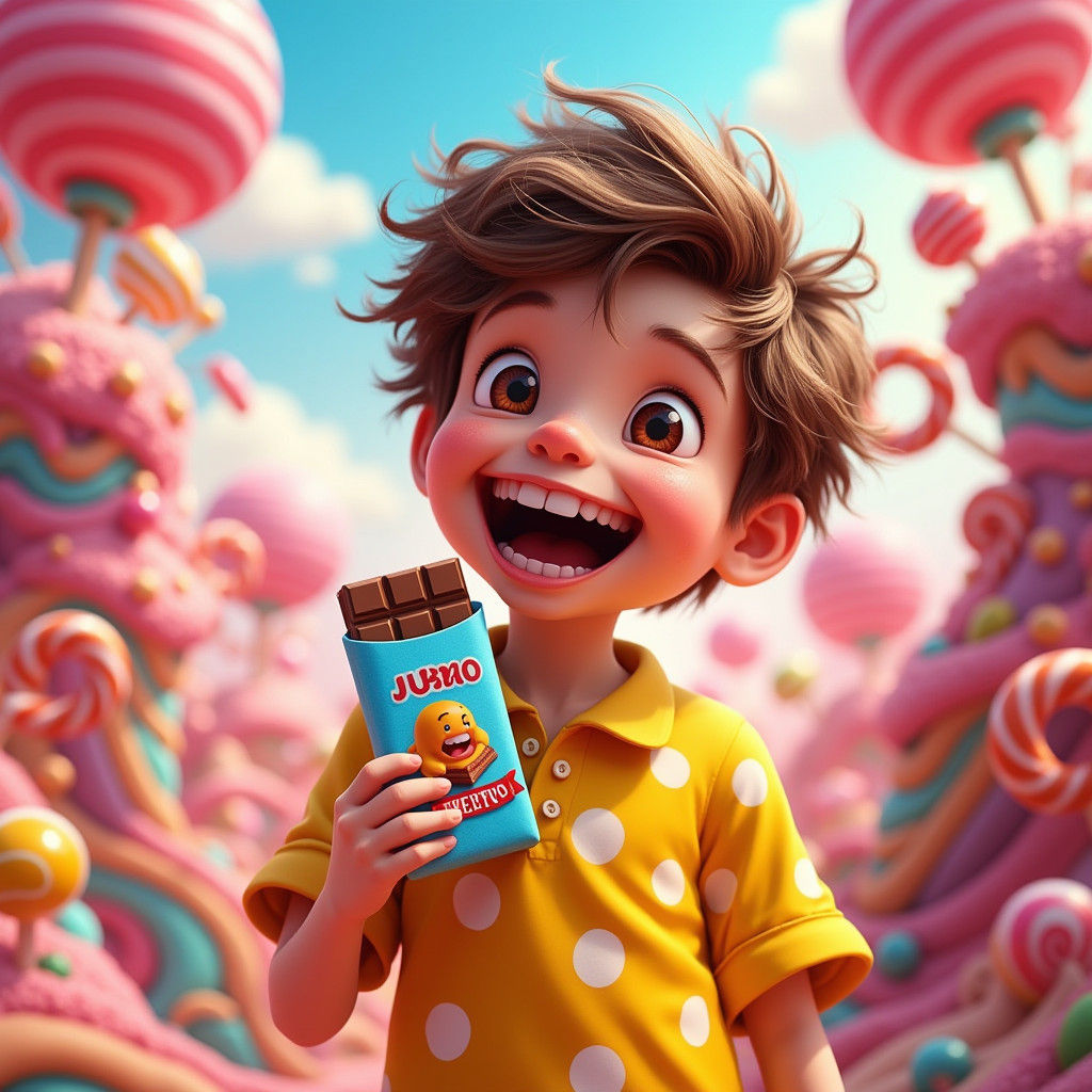 Whimsical Boy Devours Chocolate in Candyland Wonderland
