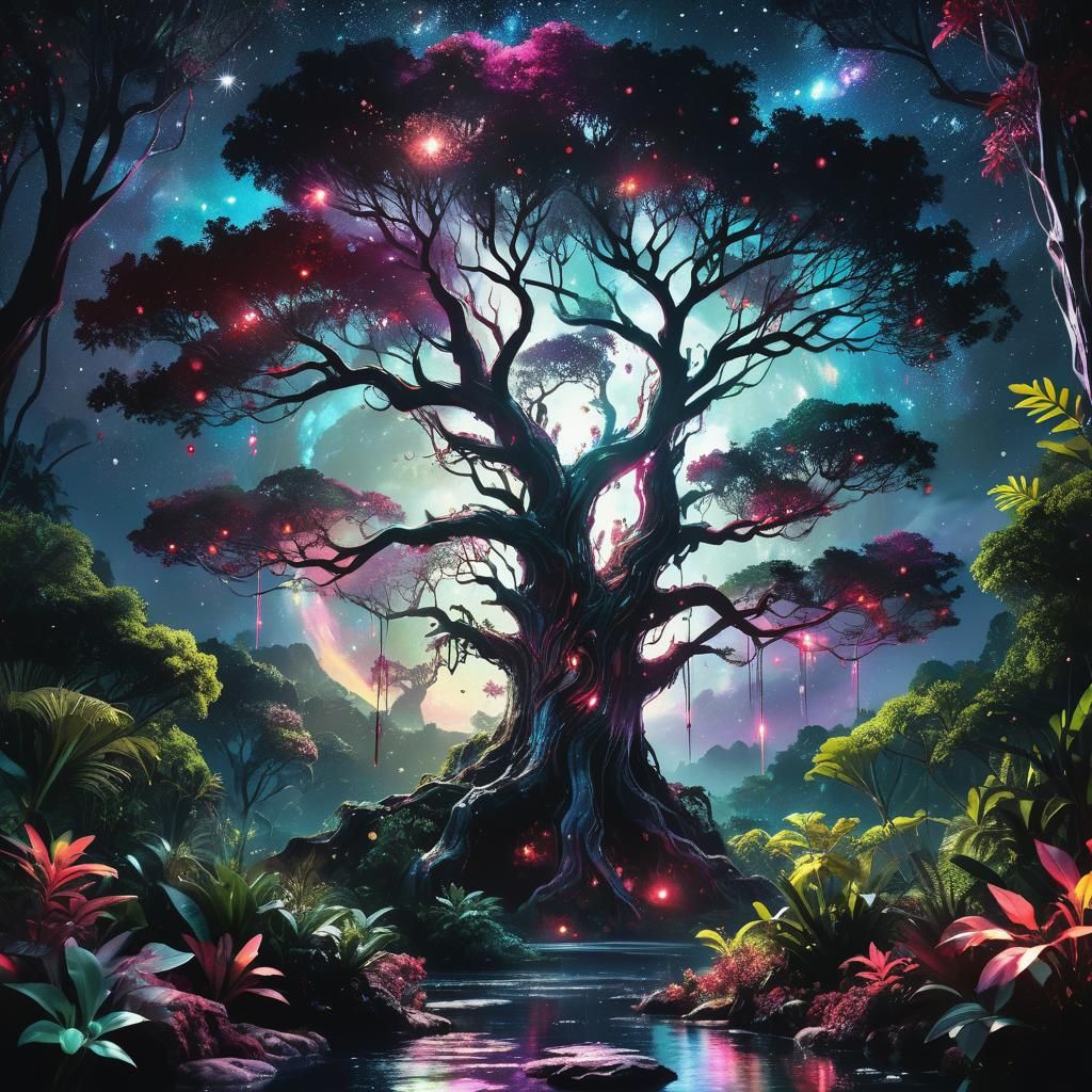 Ethereal Jungle Oasis Seeks Wonder in Starry Night