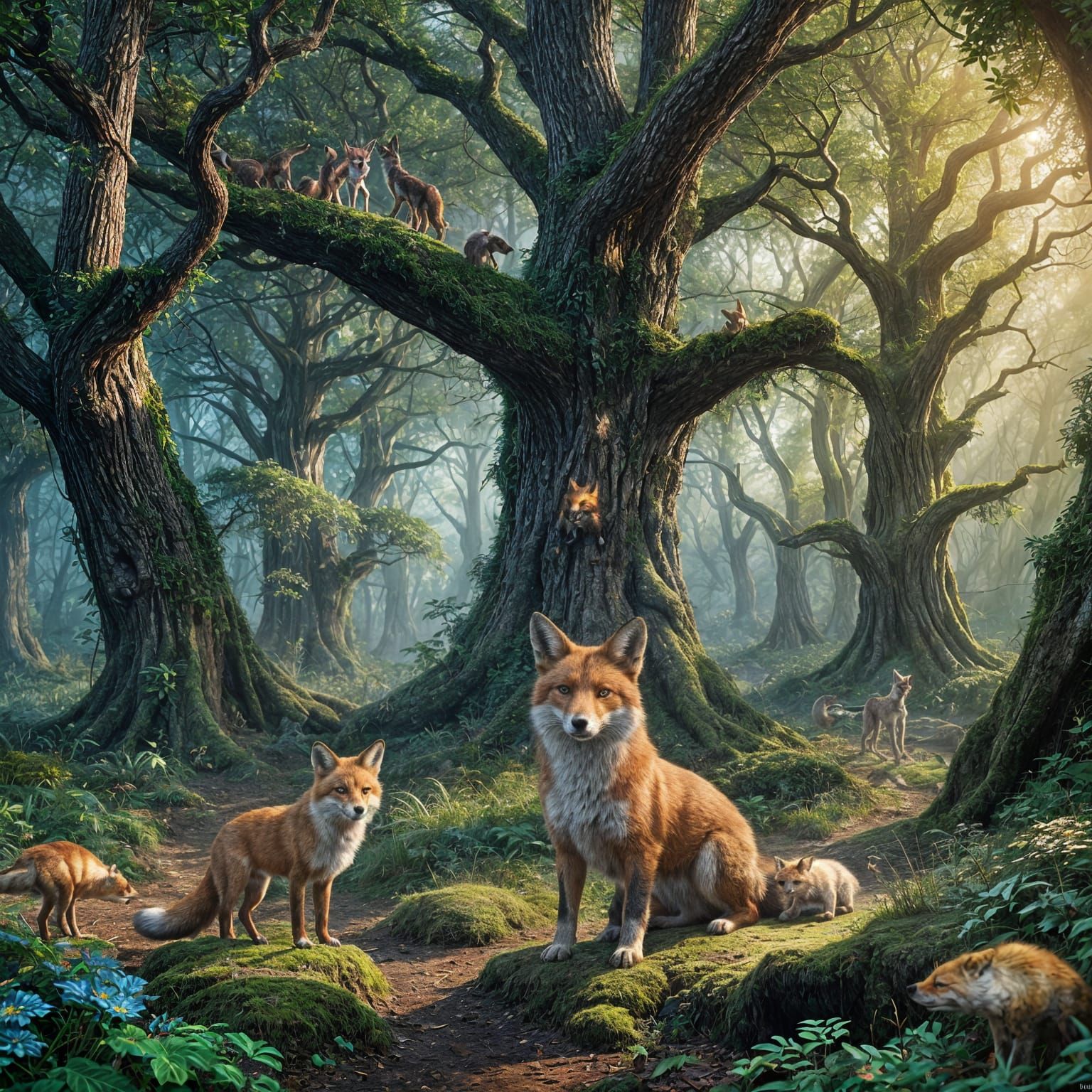 Dog and Fox Meeting in Enchanted Forest