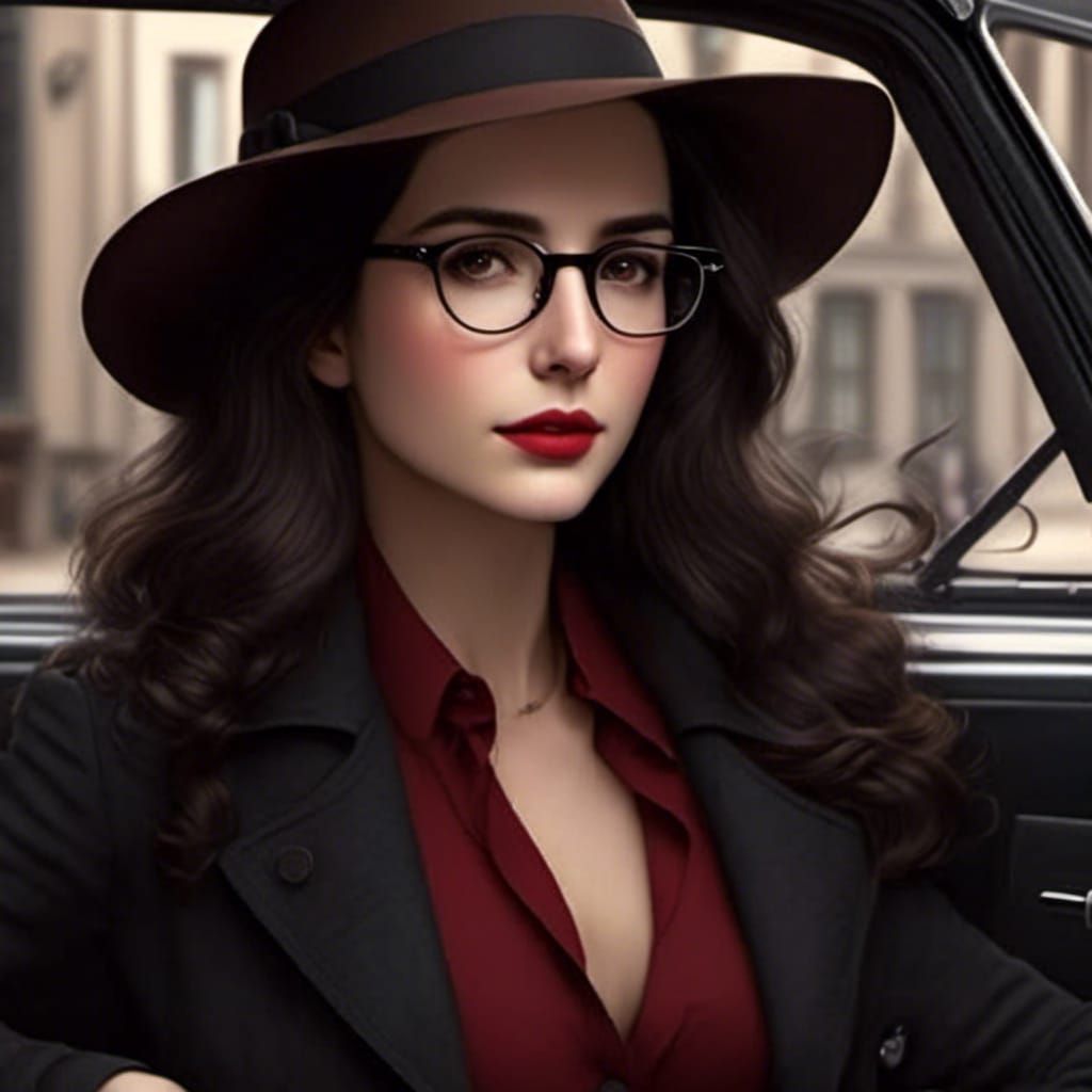 Beautiful Woman in Fedora Driving a Car