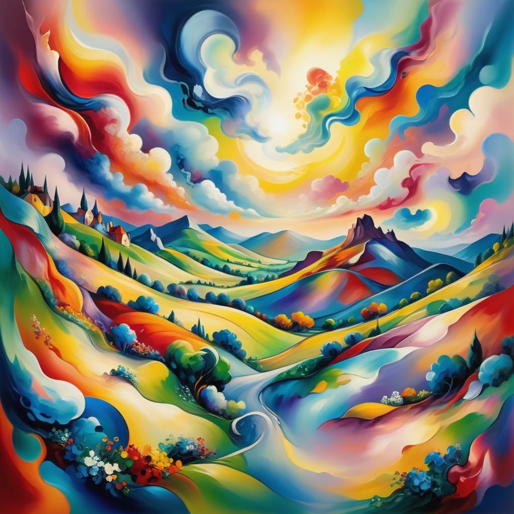 Kaleidoscopic Landscape in Chagall-Inspired Oil Painting