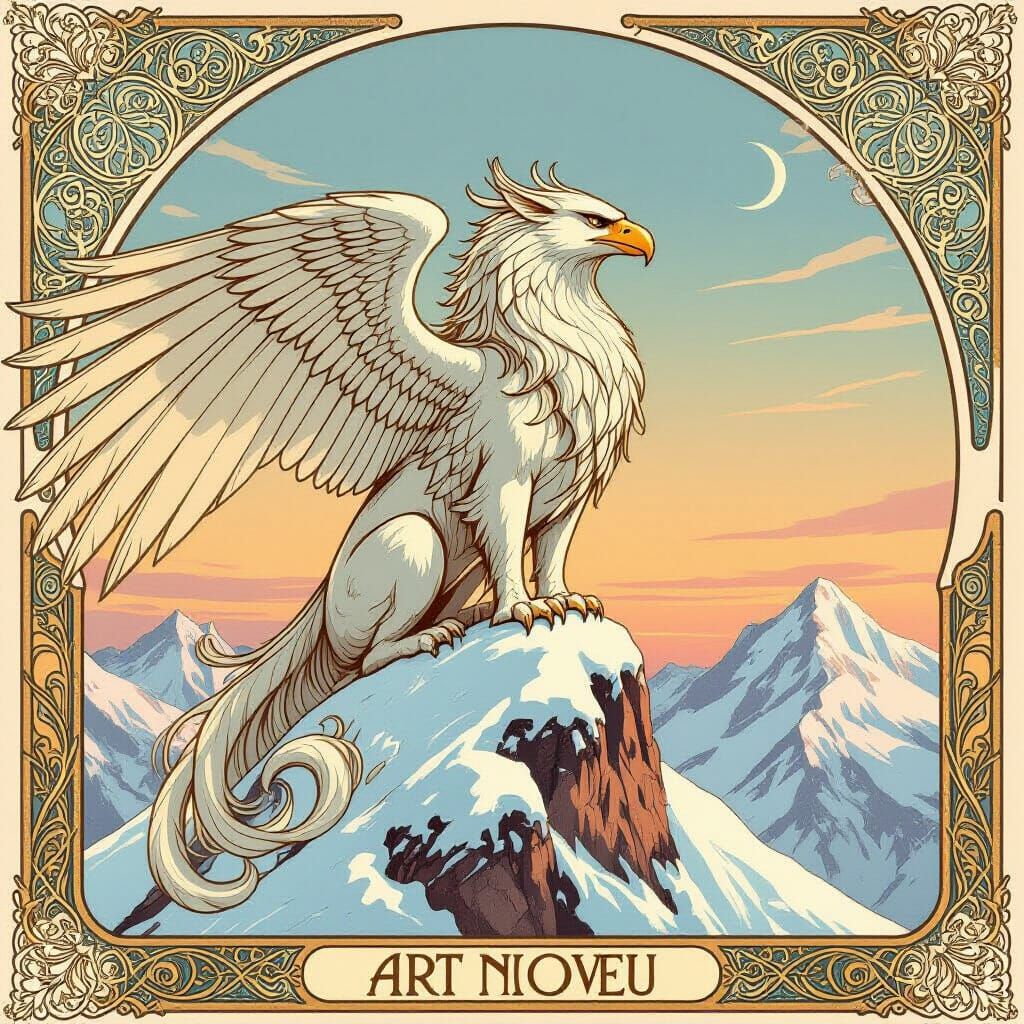 Majestic Gryphon on Snowy Peak in Art Nouveau Style