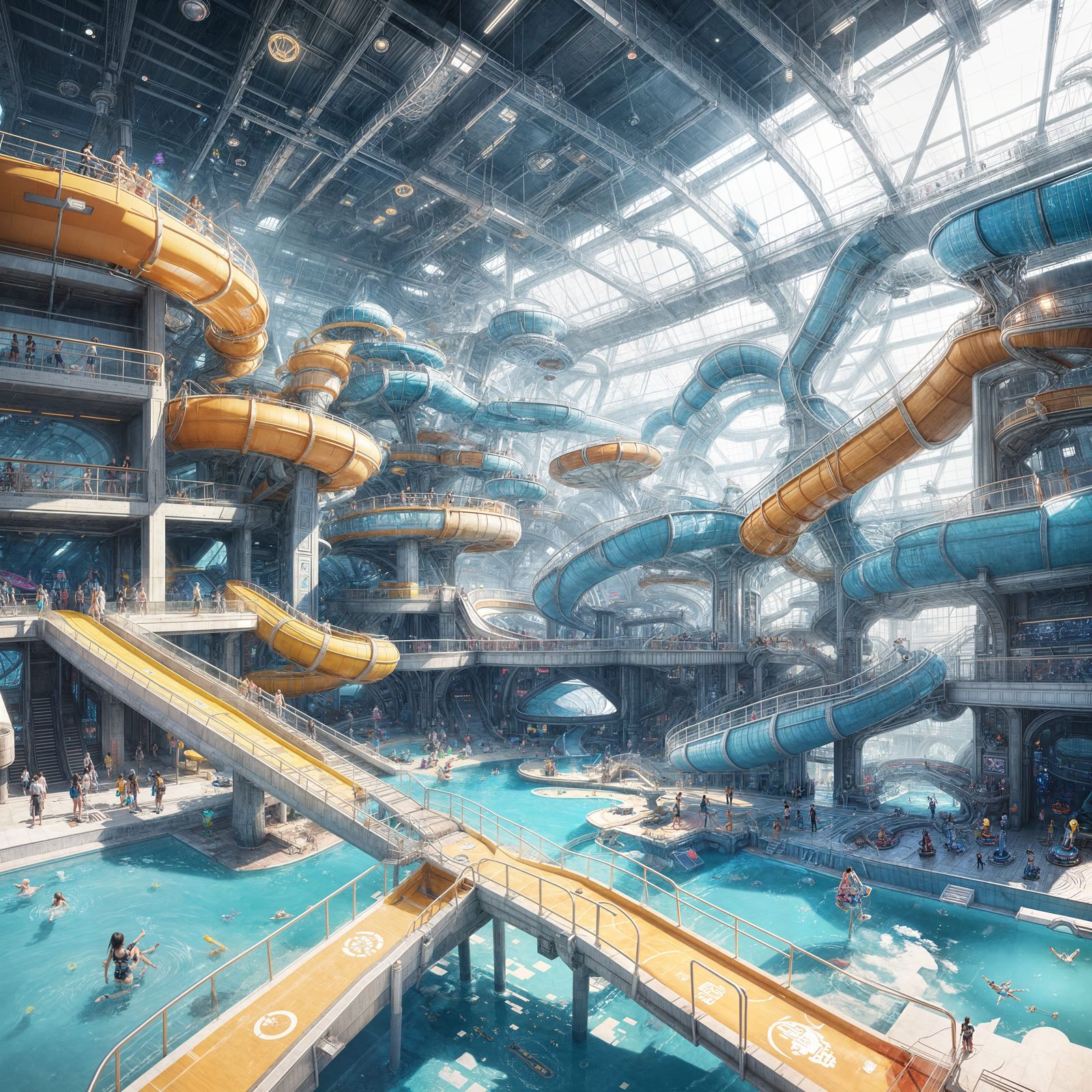 Futuristic Indoor Waterpark Concept Art in Cyberpunk Aesthet...
