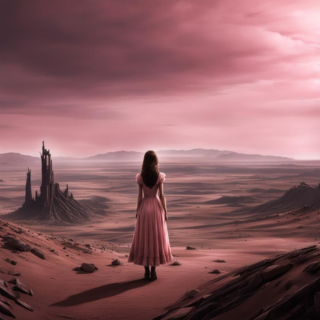 Girl in Pink Dress in Barren Wasteland
