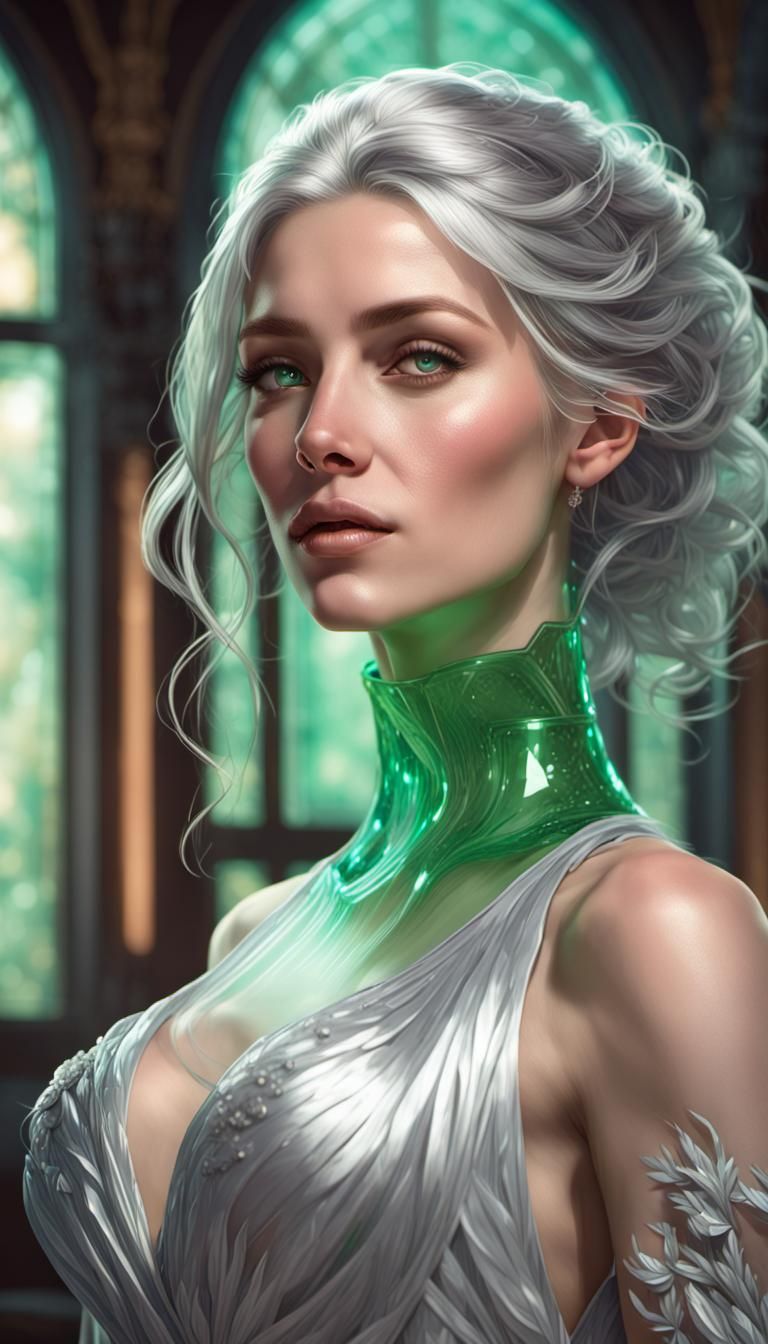 Elegant Woman in Green Glass Gown Portrait