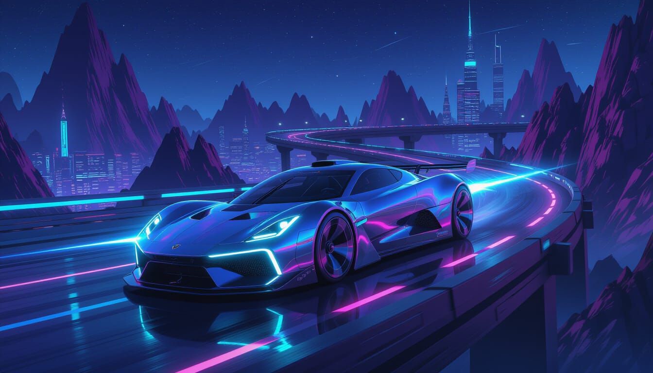 Cyberpunk Car Races on Neon Highway, Futuristic Design