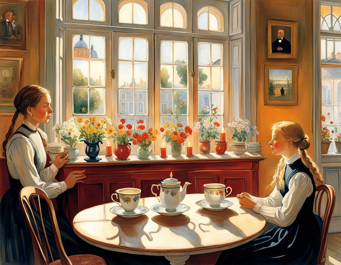 Cozy Café Scene with Antique Furnishings and Soft Evening Li...