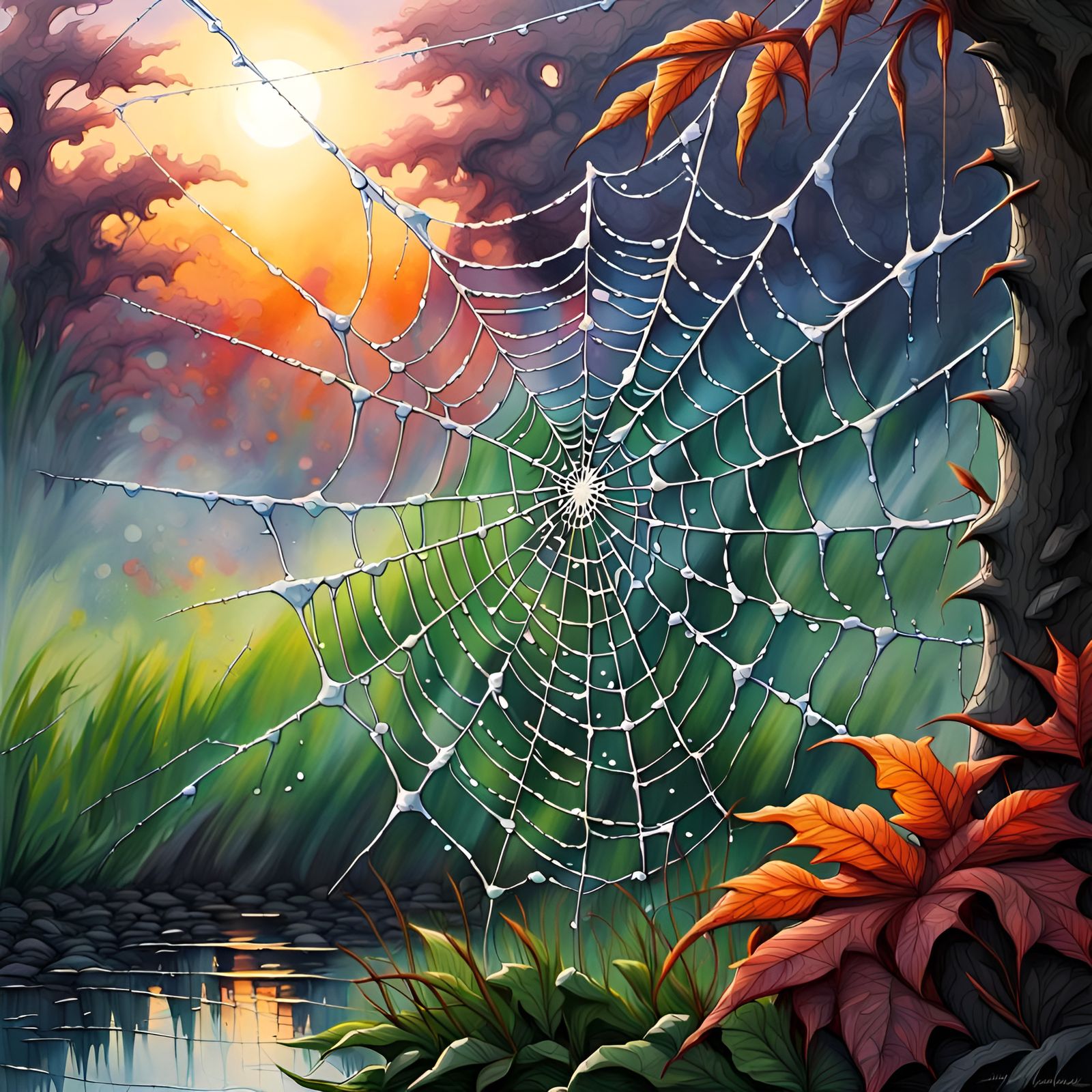 Spiderweb with Dewdrops at Sunrise in Speedpaint Style