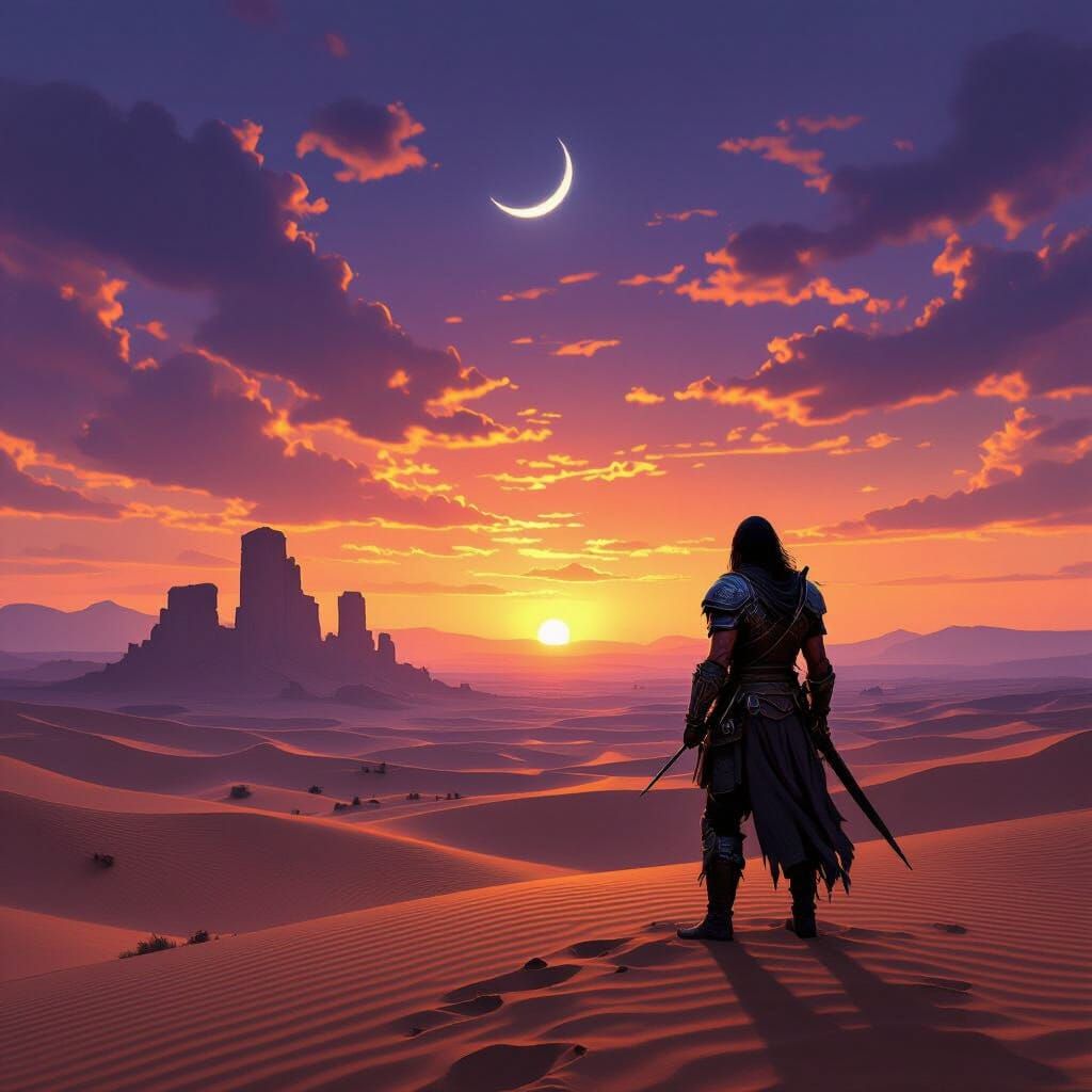 Lone Warrior in Shimmering Desert Twilight