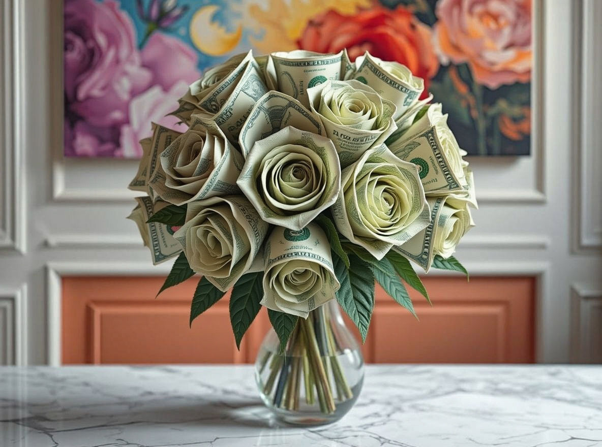 Roses Made of Money in Vibrant Oil Painting Style