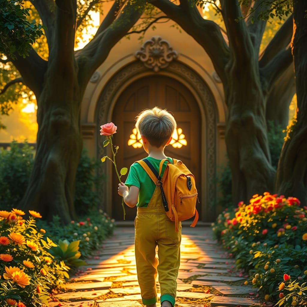 Student with Rose at Mystical School Entrance