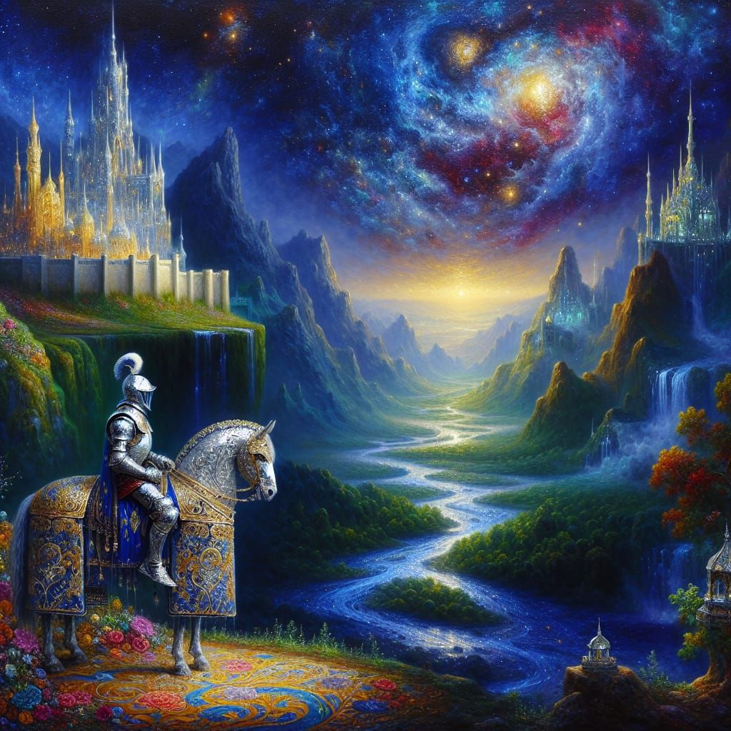 Knight in Elegant Armor Amidst a Vibrant Valley