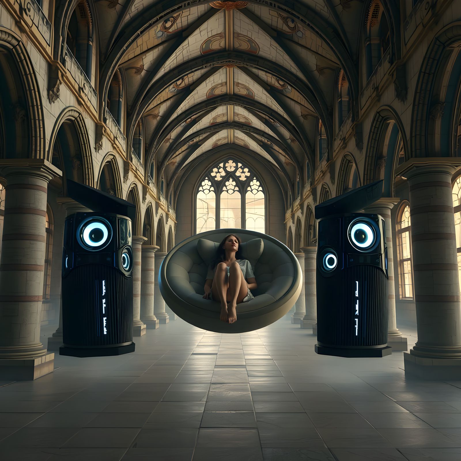 Cyber Baroque Listening Temple in Neon-Lit Futurism