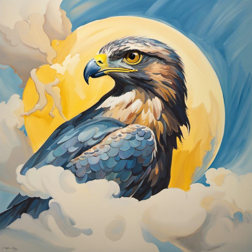 Hawk Emerges from Egg in Gouache Style