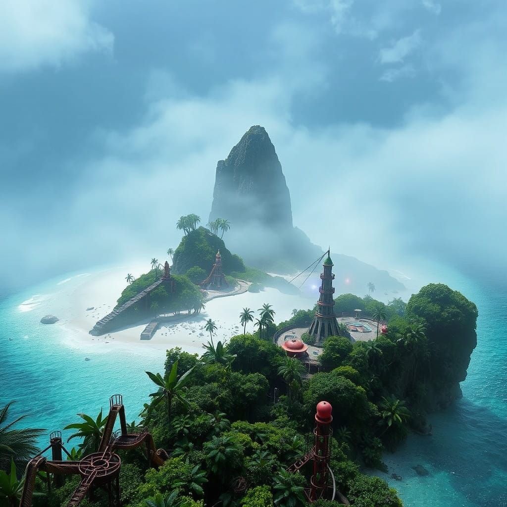 Surreal Tropical Oasis Overgrown with Abandoned Theme Park R...