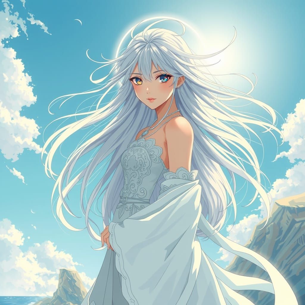 Anime Woman on Windswept Cliff in Manga Style