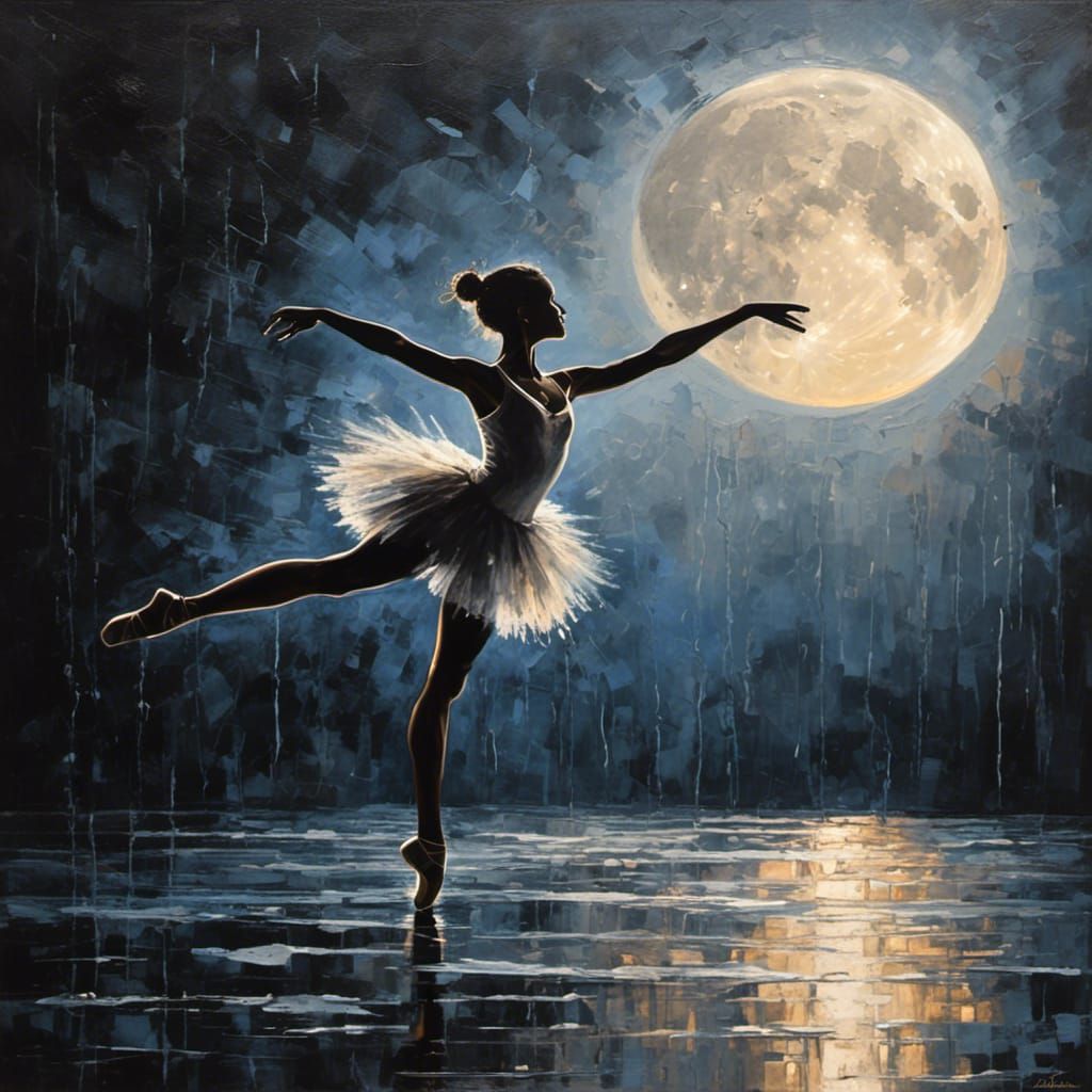 Ballerina dancer back lit by a breath-taking waning moon.
