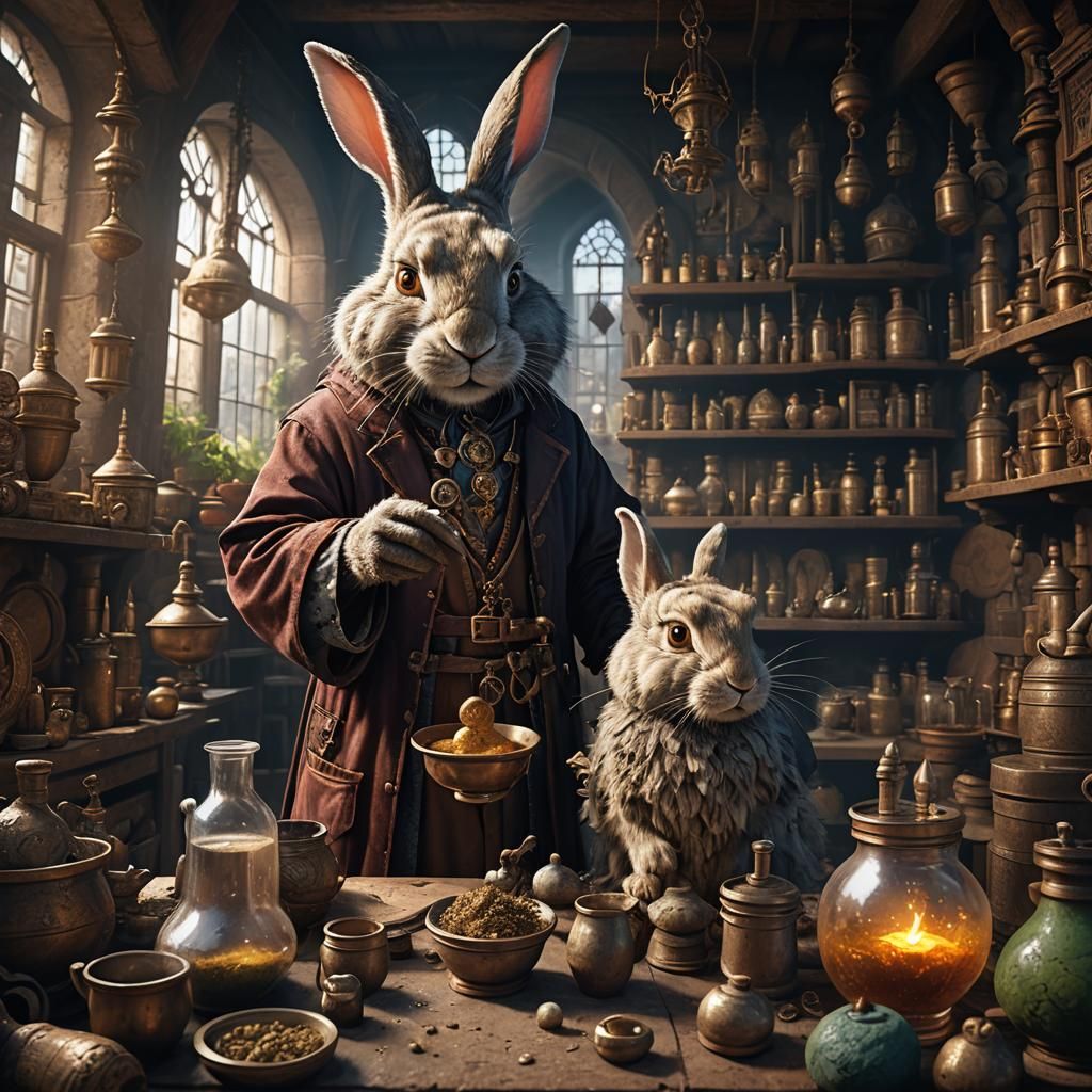 Fantasy Rabbit Alchemist in Digital Matte Painting