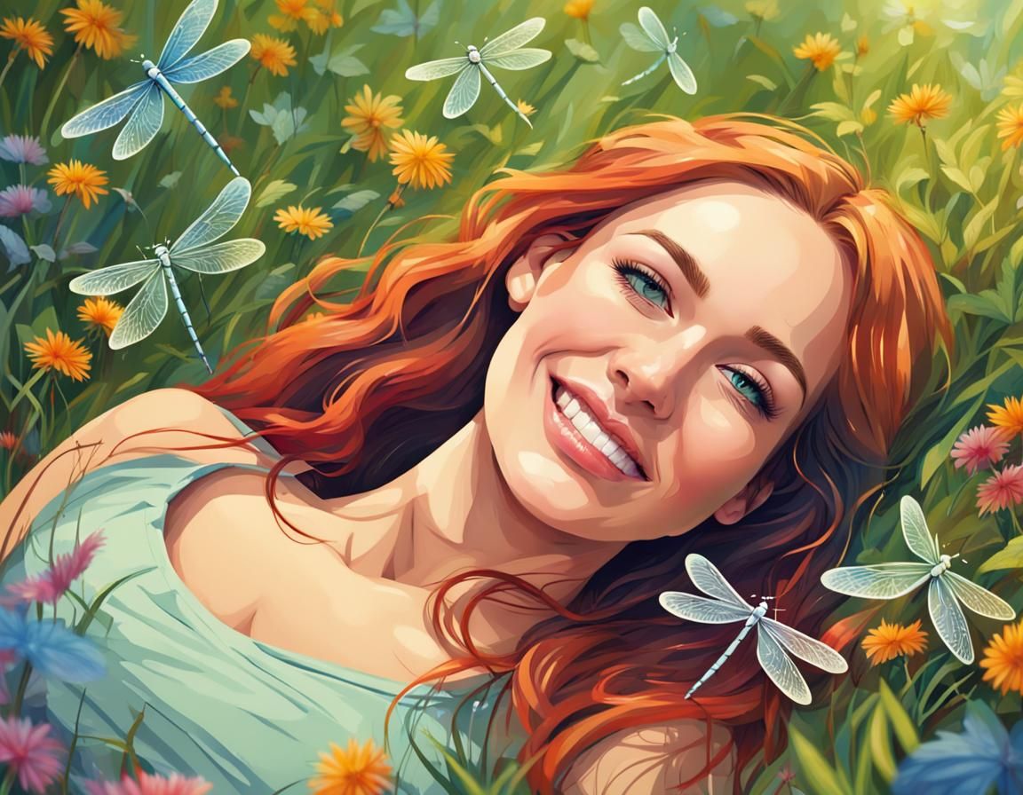 Smiling Woman in Summer Glade with Dragonflies