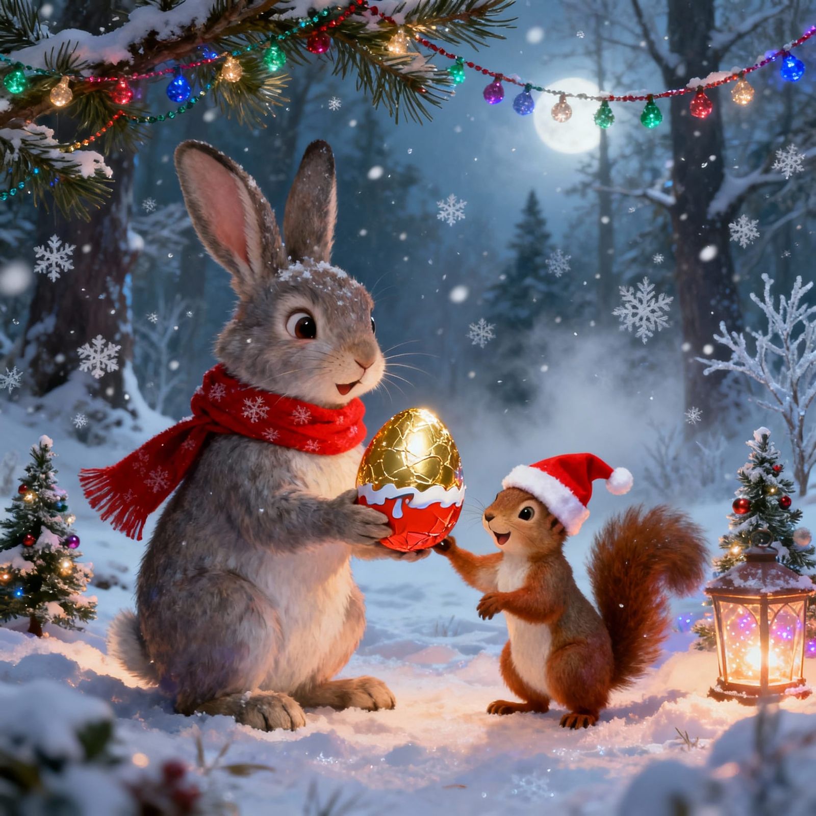 New Year Bunny Offers Kinder Egg to Squirrel in Winter Fores...