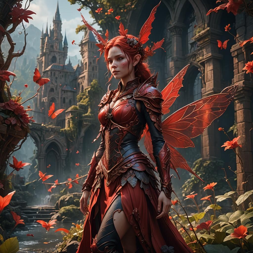 Fantastical Red Fairy in Detailed Matte Painting
