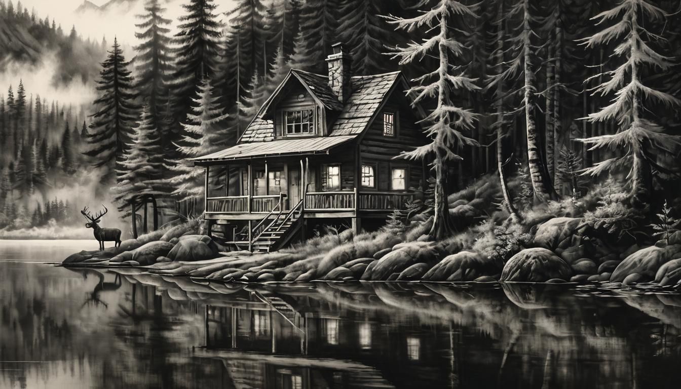 Serene Cabin by Calm Lake: Hyperdetailed Charcoal Drawing