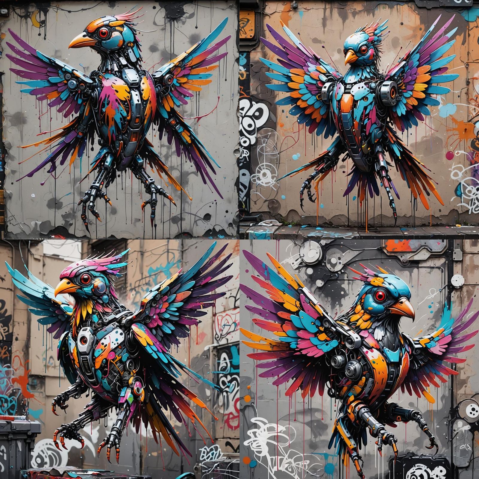 Cyborg Bird with Robotic Wings in Graffiti Art