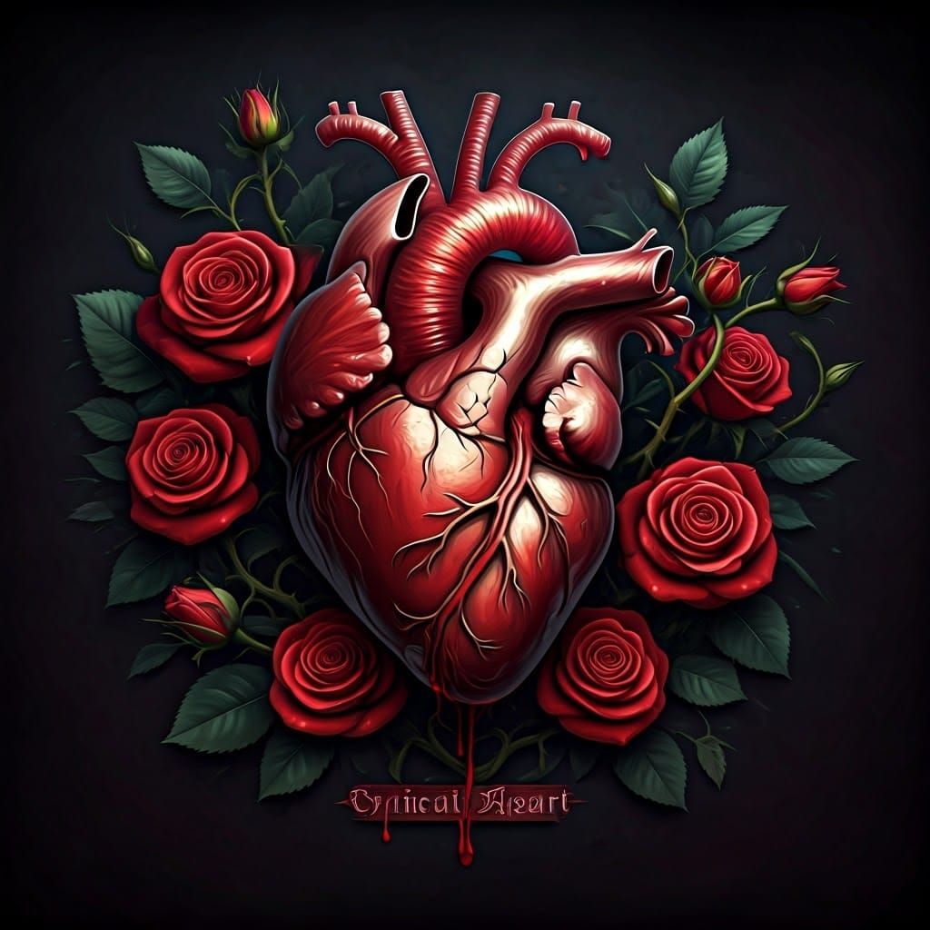 Anatomical Heart Surrounded by Crimson Roses: Dark Fantasy A...