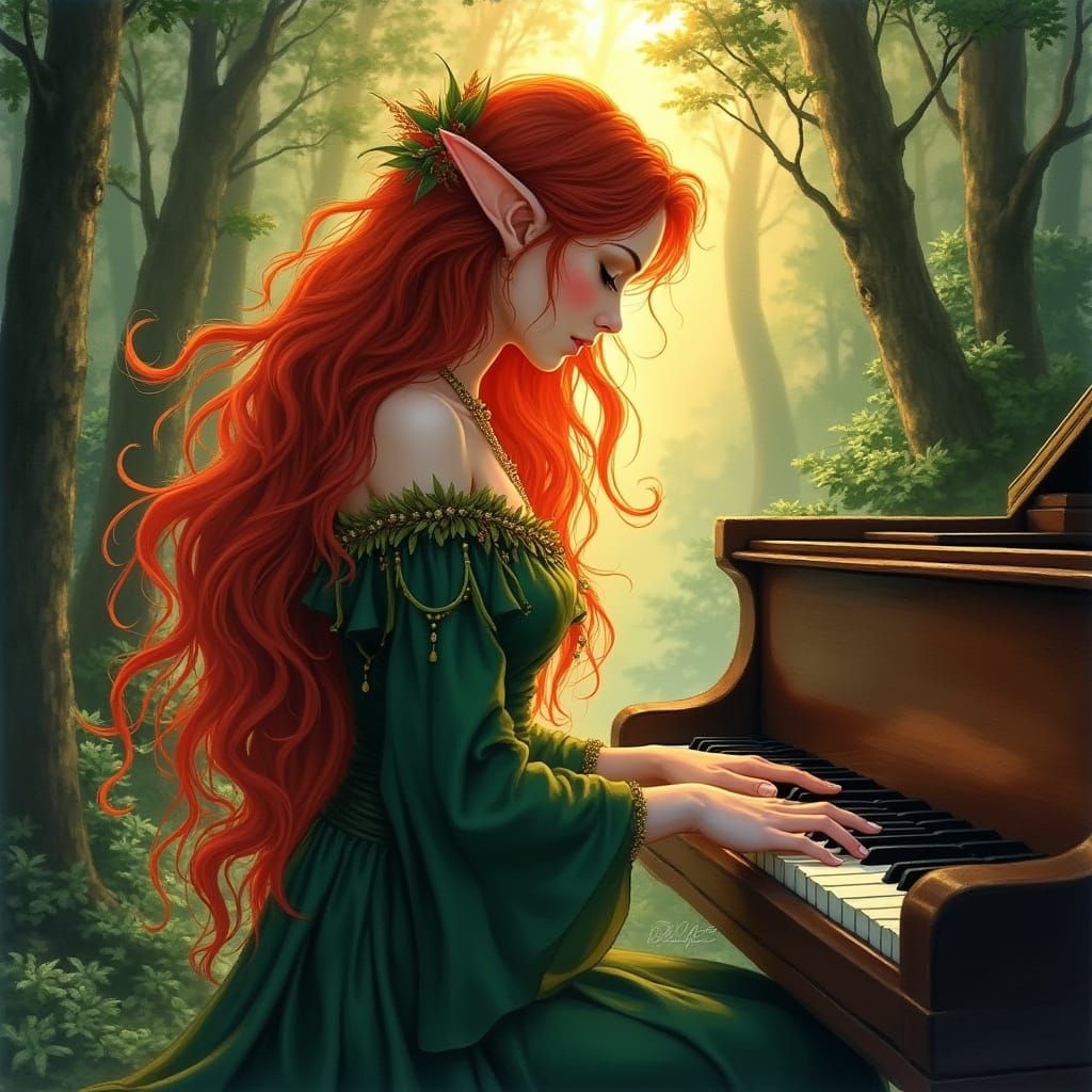 Elf Woman Plays Piano in Enchanted Forest