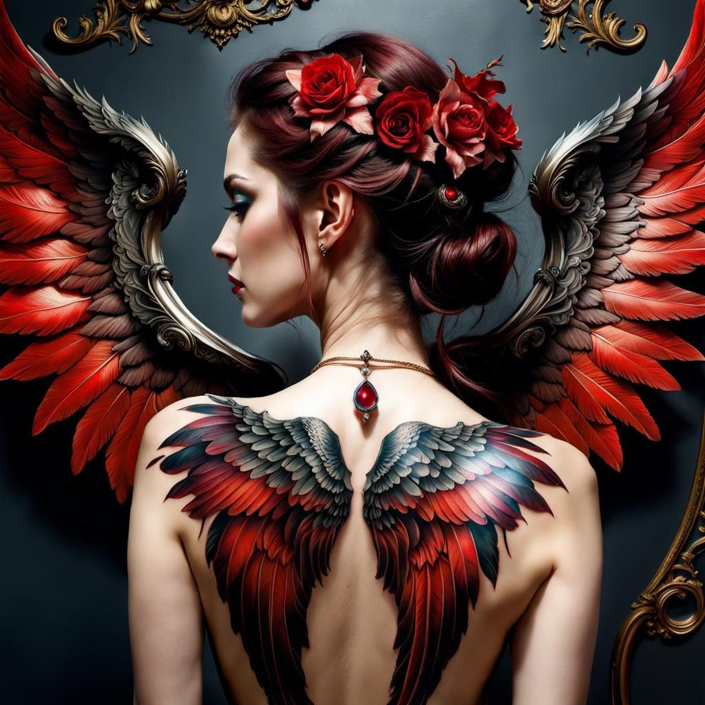 Angel Wings Tattoo: Hyperdetailed Mixed Media Art