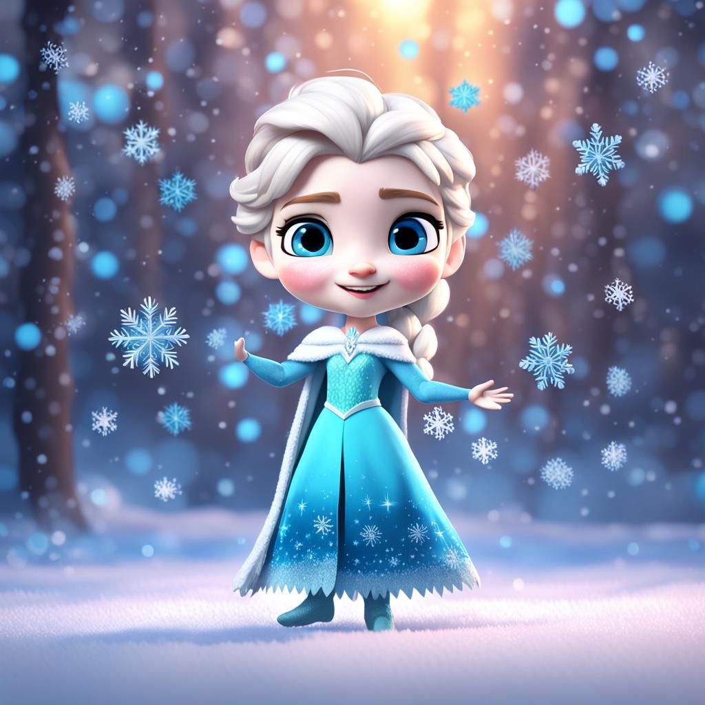 Cute Chibi Elsa Throwing Snowflakes in 3D Digital Art