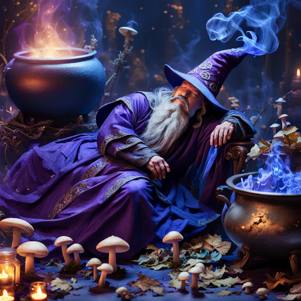 Wizard Asleep Amidst Potion Bottles in Magical Realism