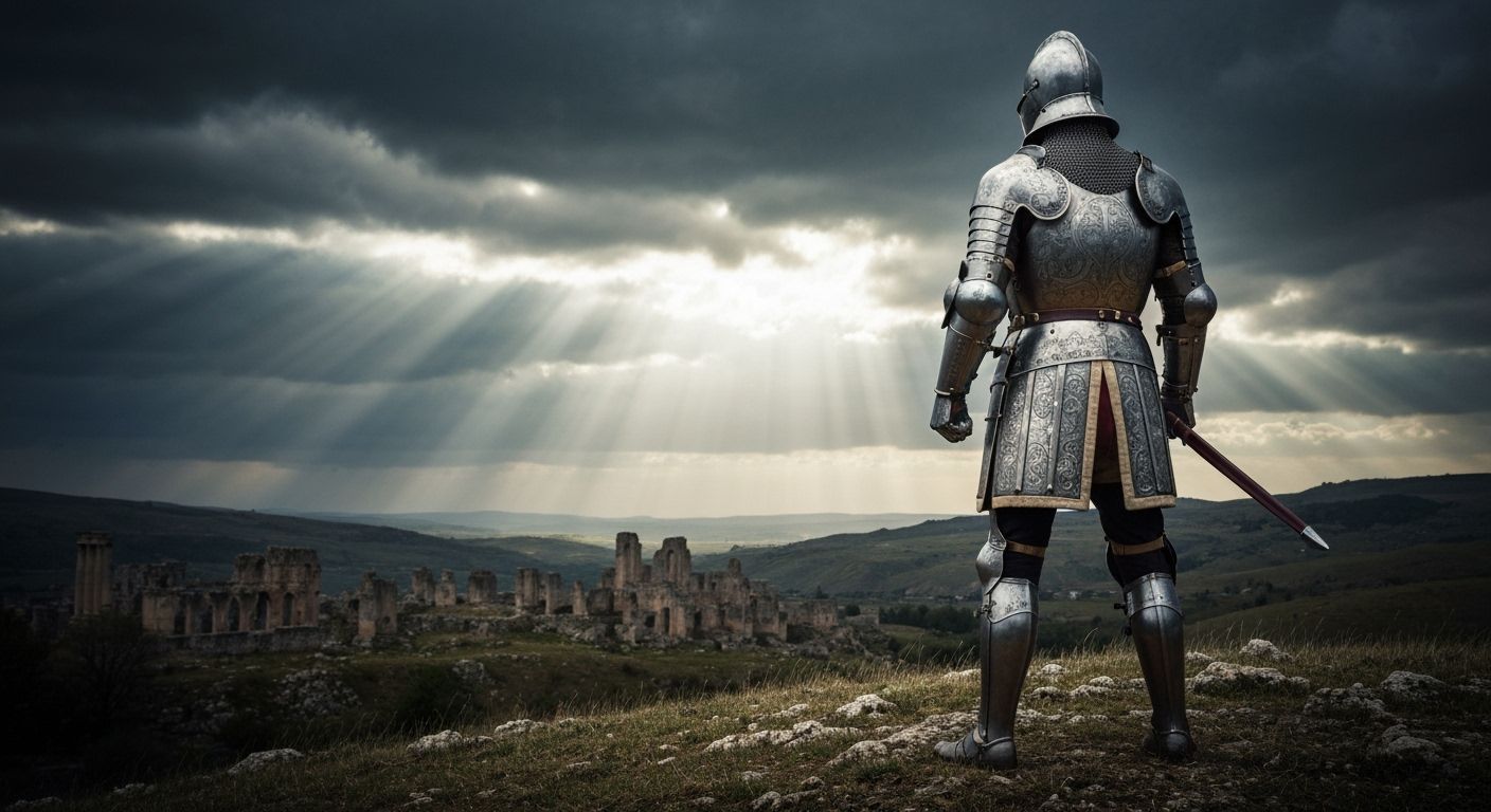 Knight Overlooks Ruined Valley in Renaissance Style