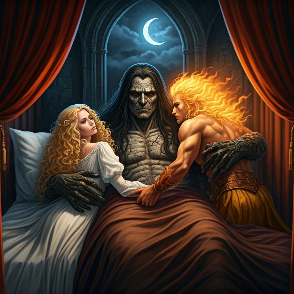 Dark Giant in Castle Chamber under Moonlit Night Sky